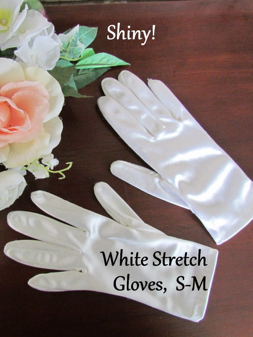 WHITE GLOVES, WOMEN'S S -M, SHINY, STRETCHY, PERFECT FIT; WEDDING, TEA PARTY EUC